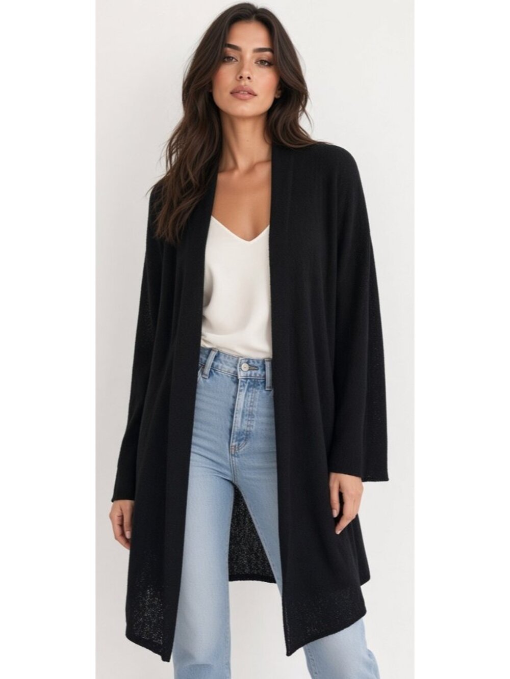 New Eileen Fisher 100% Wool Black Open Front Long Cardigan Sweater Duster